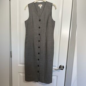 VTG 90s Talbots Black Houndstooth Print Wool Tweed Button Front Dress Academia 4